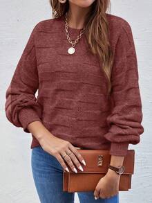 EMERY ROSE 女士休闲日常通勤简约纯色灯笼袖宽松套头衫，秋冬 - 棕色 - 查看 6