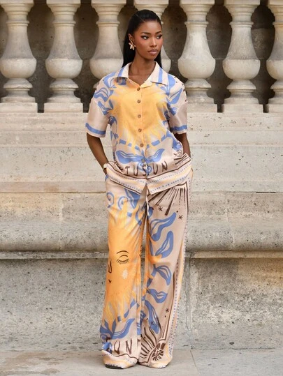 Mima John Graphic Solar Print Button Through Short Sleeved Shirt Summer Vacation Holiday Festival Cute Casual Elegant Tuscan Sun Beach Holiday Ibiza Graphic