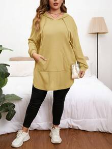 SHEIN Privé Plus Size Casual Solid Color Arched Hem Hoodie, Autumn/ Winter