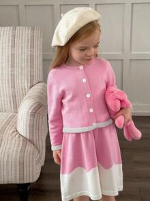 SHEIN Young Girl Round Neck Long Sleeve Button Front Casual Knit Sweater Set Fall Winter - Multicolor - View 6