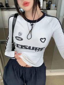 DAZY 字母印花条纹侧边拼接T恤衫，秋季女装长袖上衣图案T恤 - 白色 - 查看 4