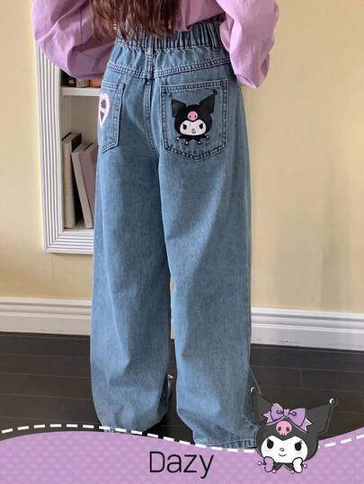 DAZY HELLO KITTY AND FRIENDS | SHEIN Tween Girl Casual Heart Patch Slant Pocket Straight Leg Jeans