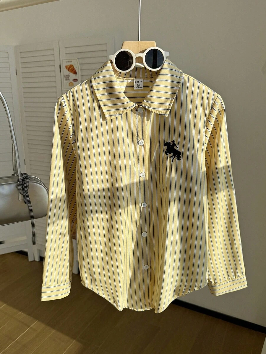 Tween 女童休闲百搭百搭学校/通勤日常刺绣黄色条纹长袖宽松衬衫秋冬 - 黃色 - 查看 1