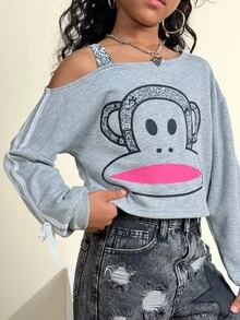 Paul Frank X SHEIN Tween Girls Winter,Vintage Preppy,Streetwear,Co-Branded Items,Cute Monkey Graphics,Grey Asymmetrical Cropped Sweatshirt,Halloween,Christmas Fall - Grey - View 5