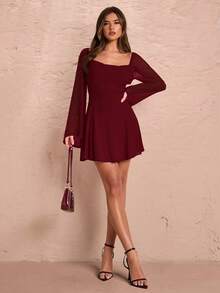 SHEIN BAE 优雅纯色红色/酒红色方领长袖露背系带公主裙，适合秋冬、春季、情人节、派对、浪漫约会、伴娘、舞会、工作、日常穿着 - 酒紅色 - 查看 5