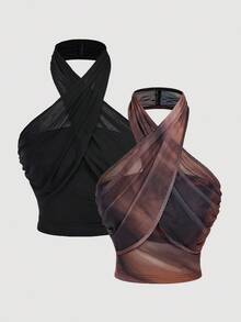 SHEIN MOD Bộ 2 áo nữ cỡ lớn kiểu dây chéo cổ yếm, eo nhún, thời trang thu/đông, trang phục Giáng sinh cho nữ, trang phục thường ngày cho nữ, quần áo Giáng sinh cho nữ, năm mới, Lễ Tạ ơn mùa đông, áo dự tiệc. - Nhiều màu - Xem 1