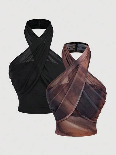 SHEIN MOD Plus Size 2pcs Women's Criss-Cross Halter Neck Ruched Waist Fashionable Tops, Fall/Winter, Women's Christmas Costume ,Casual For Women, Christmas Clothes Women, New Year ,Thanksgiving Winter ,Party Top, Strapless Shirts Halter Top Tops For Women Sexy Scarf Top Halter Tops For Women