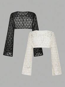 SHEIN MOD 2 件女式镂空针织短款开衫，黑白，海滩，新年 - 黑與白 - 查看 2