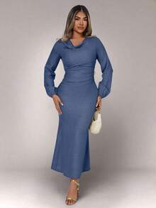 Xyvia Đầm dài cổ xếp ly khóa kim loại cho nữ - Rửa nhẹ - Xem 4