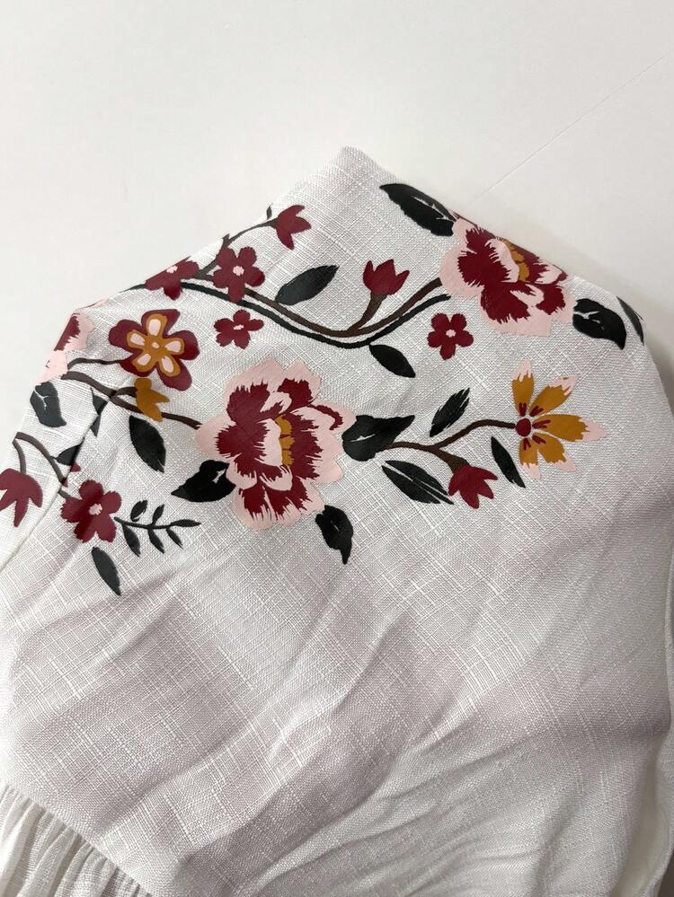 Plus Size Floral Placement Print V-Neck Casual Long Sleeve Shirt V Neck Blouses For Women White Embroidered Blouse, Autumn/Winter,2025 New