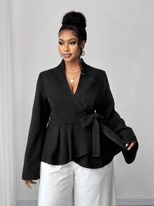 Maweii Plus Size Elegant V-Neck Crossed Bowknot Ruffle Hem Long Sleeve Casual Outerwear For Autumn/Winter - Black - View 2