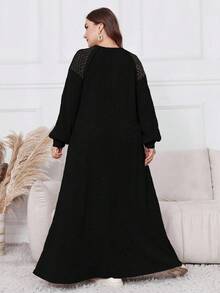 Al Najma 加大码毛绒拼布长款休闲连衣裙，秋冬款，休闲端庄束腰连衣裙，适合日常休闲/居家长款女装 - 黑色 - 查看 2