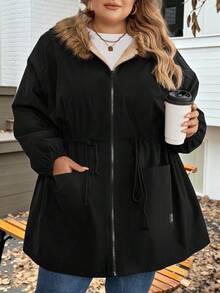 SHEIN CURVE+ Giacca invernale da donna taglie forti con colletto in pelliccia sintetica e resistente all'acqua, abbigliamento invernale taglie forti 8XL, abbigliamento da donna taglie forti 6XL, abbigliamento taglie forti con cappuccio per autunno/inverno - nero - Visualizzare 3
