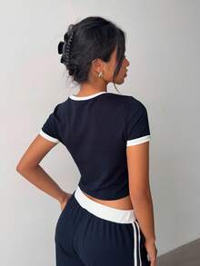 Aloruh Women's Casual Daily T-Shirt With Blue & White Contrast Numeric Print, Back To School - Navy Blue - View 3