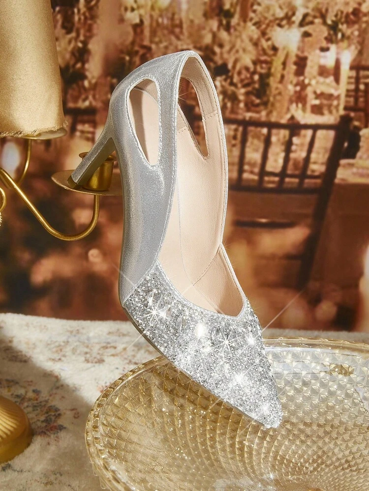 CUCCOO TILAWA Fashionable Sexy Pointed Toe Thin High Heel Hollow Out Rhinestone Glamorous Party Silver Women High Heel Pumps For Christmas
