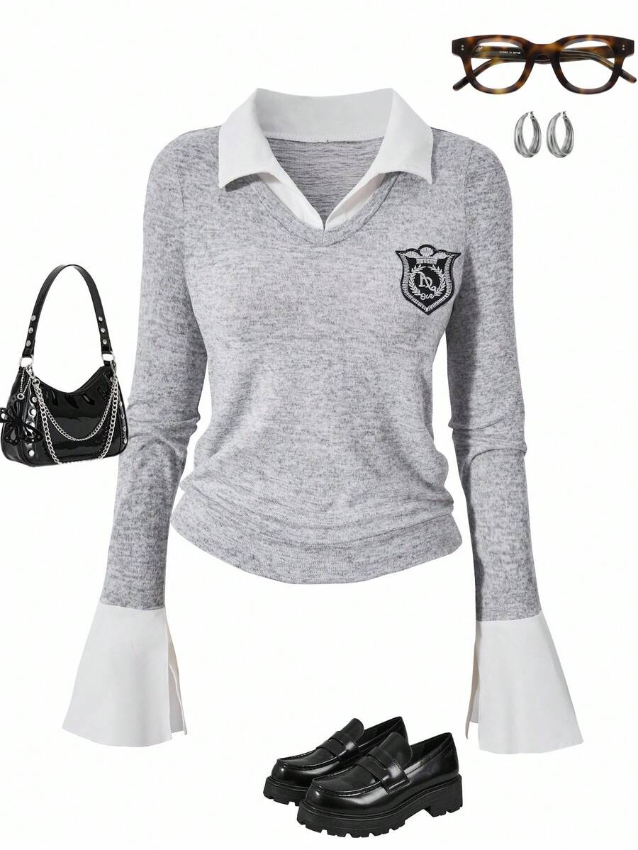 Teenage Girls' College Style Polo Collar 2 In 1 Brushed Ribbed Splice Long Sleeve T-Shirt - Multicolor - View 1