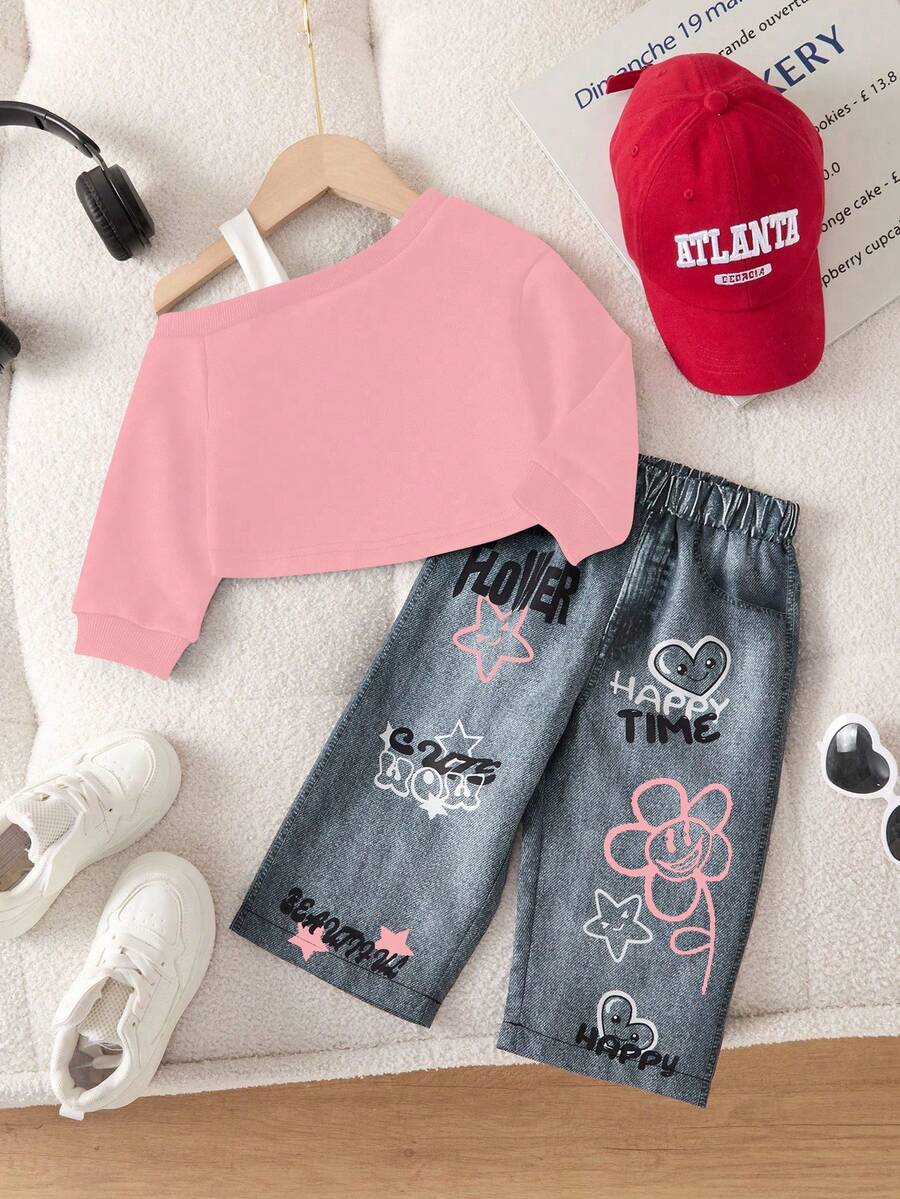 女宝宝秋冬新款独特时尚斜肩黑色打底长袖卫衣和裤子套装 - 粉色 - 查看 1