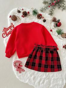 2 件套女婴卡通熊毛绒装饰圆领长袖运动衫和松紧腰裙套装 - 彩色 - 查看 2