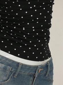 SHEIN ICON Women's Sexy Millennial Style Y2K Young Fashion Black Background White Polka Dot Sweetheart Neckline Splicing Lace Lace Open Back Slim Knit T-Shirt - Multicolor - View 10