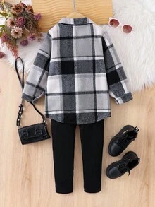 SHEIN Elladie kids 2 件套幼儿女童复古格子短外套和休闲简约吊带连体裤套装，春秋 - 黑色 - 查看 2
