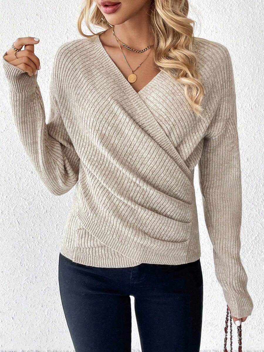 EMERY ROSE Women's Solid Color Overlap V-Neck Dropped Shoulder Long Sleeve Pleated Casual Sweater, Autumn/Winter - Beige - View 1