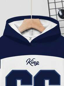 SHEIN Tween Boy Casual Loose Comfortable Baseball Culture Patchwork Pattern, Digit 66 & King Text Graphic Print Long Sleeve Hoodie, Suitable For Autumn/Winter