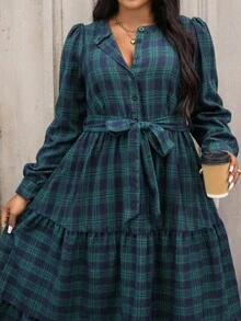 SHEIN 复古花卉格子圆领泡泡袖大码女装连衣裙，女式秋季服装，新年服装，圣诞连衣裙 - 彩色 - 查看 7