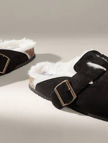 Solecia Women's Buckle Design Thermal Lined Casual Slip-On Flats - Black - View 6