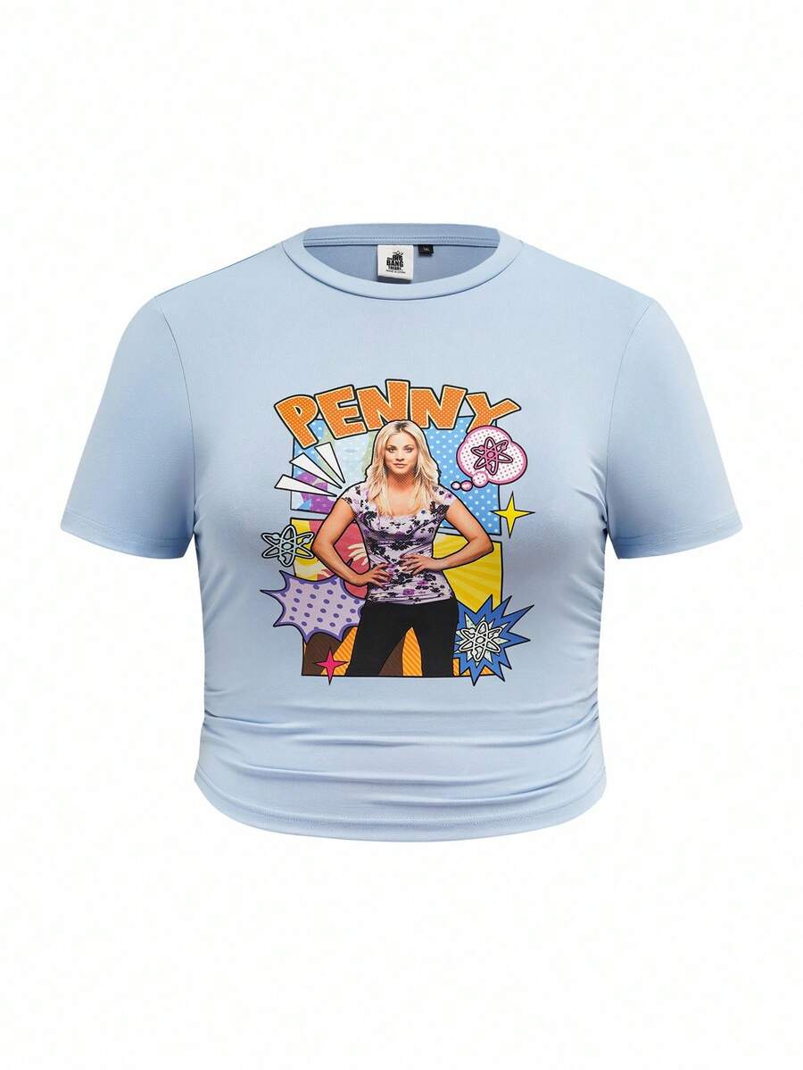 THE BIG BANG THEORY X SHEIN Plus Size Casual Penny Figure Graphic Ruched Side Blue Cropped Top, Summer - Blue - View 1