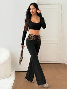 SHEIN PETITE Women's Casual Black Knitted Flare Leg Pants With Ruched Leopard Print Waistband Extra Long And Stylish Textured Pattern Cheetah Pants Leopard Print Pants Black Flare Pants Cheetah Print Bottoms Flared Leggings,Black Pants - Black - View 5