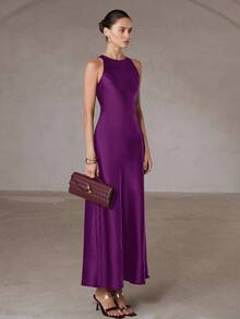 Aveloria Modichic Váy không tay dáng chữ A bằng vải acetate satin hai mặt, viền bất đối xứng, tối giản, thanh lịch dành cho nữ - Màu đỏ tím - Xem 2