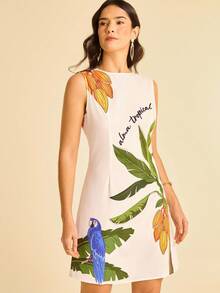 CAJUNI Women's Apricot Base Coconut Tree, Parrot And Tropical Fruit Print, Round Neck Sleeveless Fitted Ruched Print Summer Vacation Beach Mini Dress, Tropical Dress, Graphic Dress, Parrot Dress, Banana Leaf Dress, Summer Dress