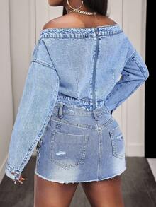 BamGleam Fashionable Casual Shoulder Denim Top For Women - Blue - View 2