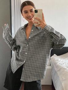 Livesso 格子宽松长袖翻领女式衬衫，秋季衣服，法兰绒女式 - 黑色 - 查看 4