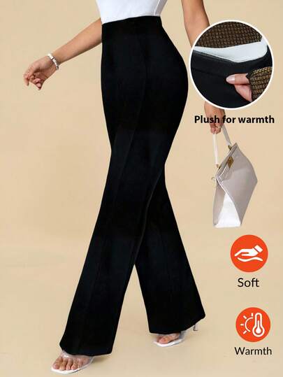 Amorya Women's Elegant High-Waisted Black Thermal-Lined Pants, Suitable For Daily Wear And Multiple Occasions, Autumn