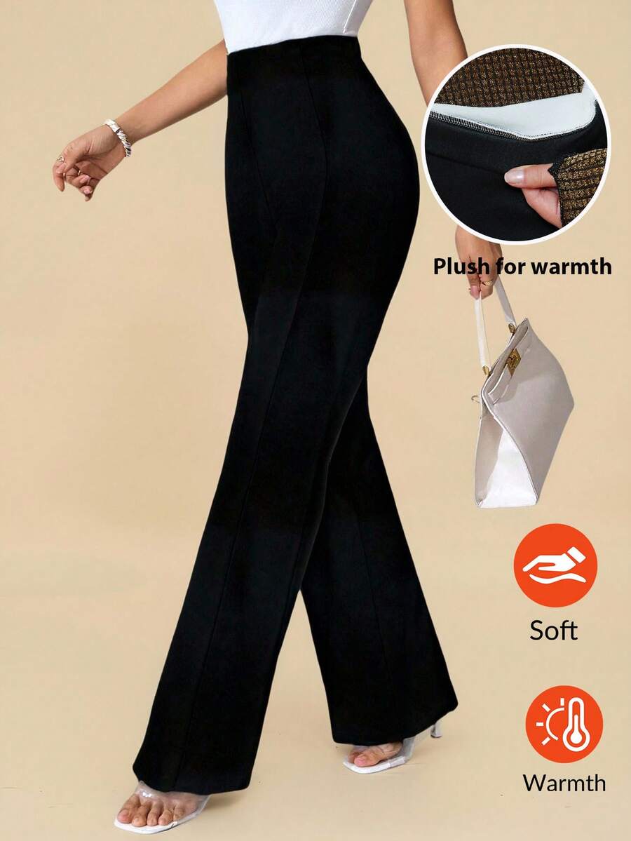 Amorya Women's Elegant High-Waisted Black Thermal-Lined Pants, Suitable For Daily Wear And Multiple Occasions, Autumn - Black - View 1