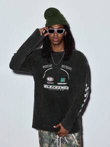 Modcrash Áo thun nam dài tay cổ tròn dáng suông phong cách vintage "Trở lại trường học" - Phong cách retro Mỹ, unisex, dáng rộng thoải mái - Thích hợp cho mặc hàng ngày và các kỳ nghỉ hè. - màu đen - Xem 1
