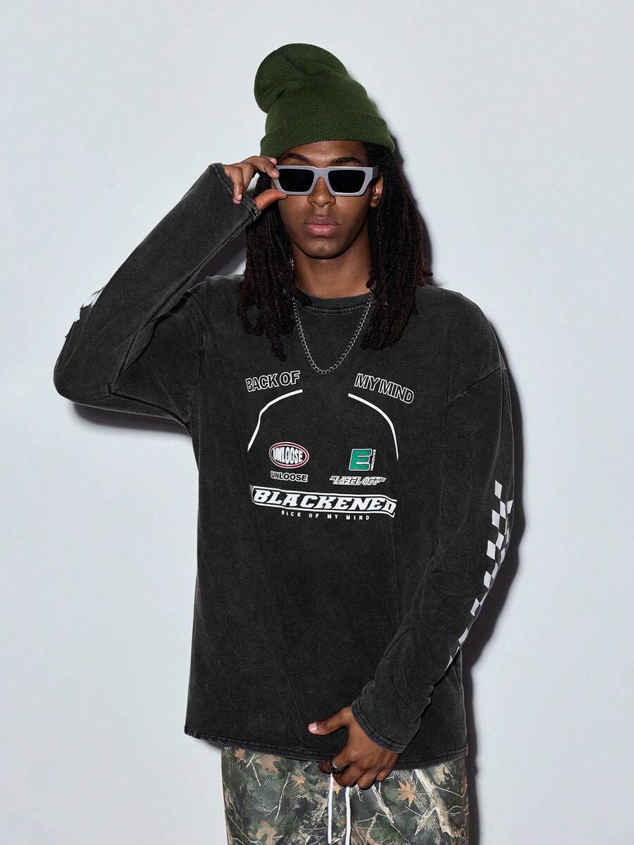 Modcrash Áo thun nam dài tay cổ tròn dáng suông phong cách vintage "Trở lại trường học" - Phong cách retro Mỹ, unisex, dáng rộng thoải mái - Thích hợp cho mặc hàng ngày và các kỳ nghỉ hè. - màu đen - Xem 1