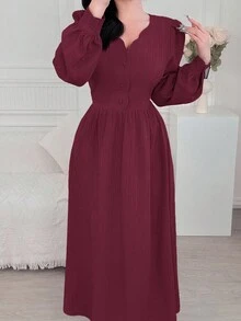 Modelyn Vestido de mujer elegante de unicolor con mangas de farol - Burdeos - Ver 4