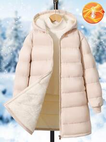 SHEIN 1pc Tween Girl Mid-Length Long Sleeve Padded Coat, Plush Lining, Comfortable And Warm, Solid Color Outerwear - Apricot - View 3