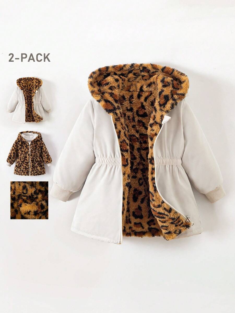 SHEIN 女婴新生儿0-3岁保暖双面连帽仿毛皮法兰绒豹纹/纯黑色中长外套，秋冬季 - 彩色 - 查看 1