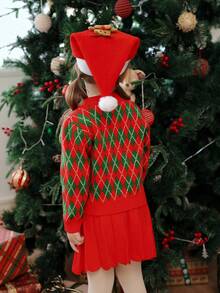 SHEIN Young Girls Christmas Diamond Pattern Sweater & Skirt Set, Winter Fall Winter Christmas Halloween Toddler Cardigan Sweater Autumn Fall Jumpers Sweaters Tops Dress Dresses Christmas Jumper Cozy Pixies Prepcrw Christmas Outfit Halloween  New Born Toddler  Fall Winter Dress Halloween  Romper Stuff Halloween Jumper Jumper Cardigans Shirts White Cardigan Clean Downtown Off The Shoulder Sweater Outfit Sets Pink Sweater Jacket Cute Fall Outfits Outfits Top Maija Christmas Dress  Toddler Fall Dark Purple Skirt Christmas Sweater  Fall Sweaters Unisex White Sweater Vest Skirt Sets - Red - View 7