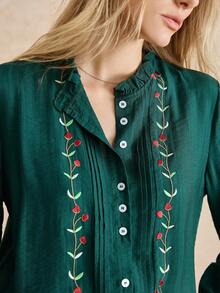 Écloséra French Style Daily Elegant Commuting Bottom Versatile Frill Edge Stand Collar Embroidered Dark Green Women's Autumn And Winter Tops Shirt Women's Shirt Women's Shirt Long Sleeve Top Women's Elegant Shirt Women's Casual Shirt, Christmas