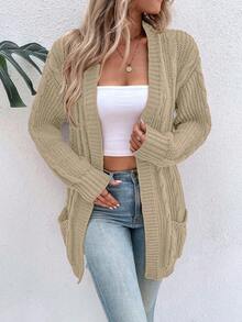 SHEIN LUNE 秋冬休闲纯色开衫 - 卡其色 - 查看 5
