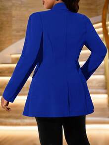 SHEIN Lady 秋冬优雅工作办公室黑色尖头翻领羊腿袖金色纽扣长袖大码外套 - 寶藍色 - 查看 2