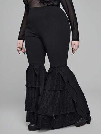 EDITION Plus Size Women Gothic Flared Pants With Layered Ruffled Lace Hem And Slit Design, High Stretch