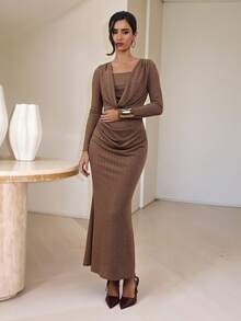 Modelyn Women's Solid Color Scoop Neck Long Sleeve Cropped T-Shirt And Mermaid Hem Fitted Skirt 2-Piece Set, Elegant - Coffee Brown - View 5