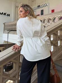 Jeta Ari 女士单排扣牛仔休闲衬衫（侧系带） - 白色 - 查看 2