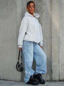 SAYEHFBABY Jeans lavados con estampado de estrella de patrón grunge y de estilo atlético para mujer - Celeste - Ver 4