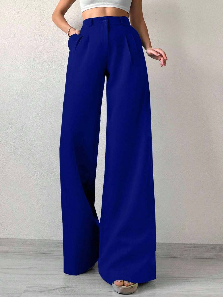 SHEIN Tall Women's Solid Color Wide Leg Suit Pants - Navy Blue - View 1